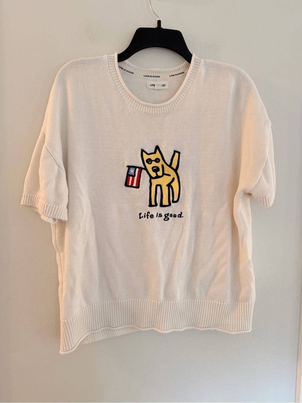 Life is Good Women’s XL Cream Knit Short Sleeve Sweater Dog American Flag